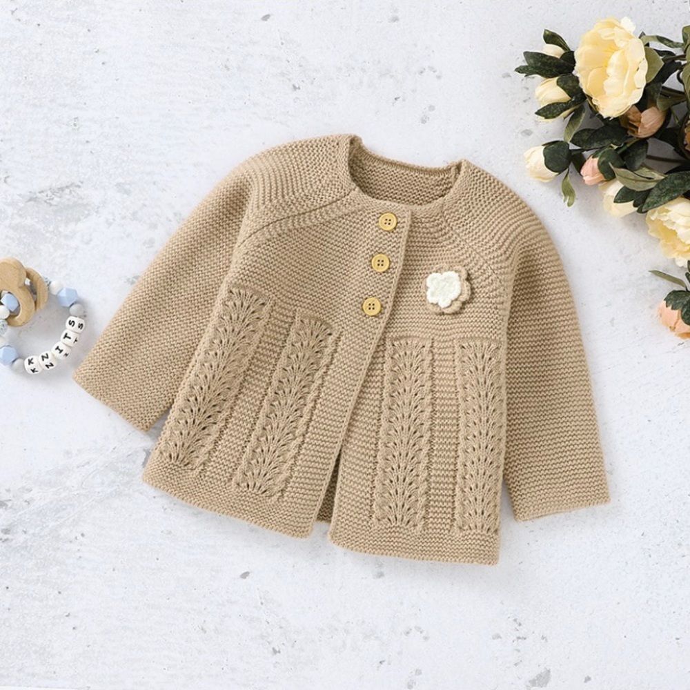 NEW Size 6-9 months, girls brown, knitted, flower, long sleeve sweater